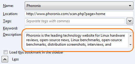 Description in a Firefox Bookmark